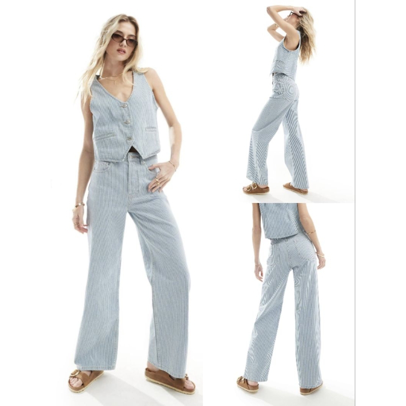 กางเกงทรงยีนส์กระบอกลายทาง cache cache