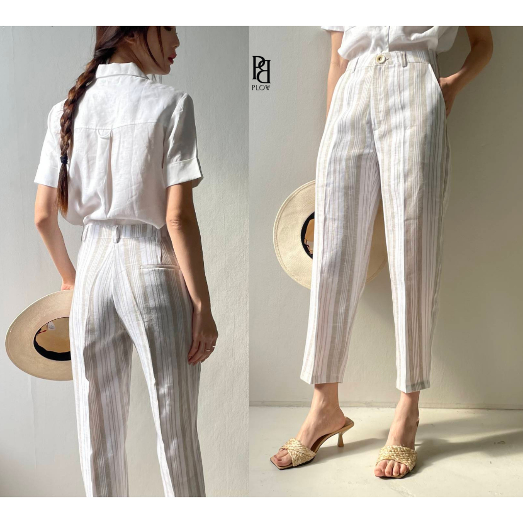 PLOWBRANDS PC9009 กางเกงทรงบอย"Boyfriend pant" ทรงพอดีตัวต้องเผื่อไซส์จะไม่แน่นเกินไป ผ้าลินินแท้ 100%