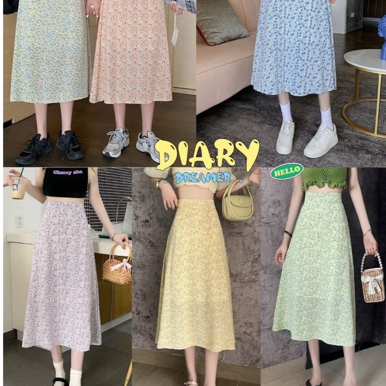 Diary.(3311)กระโปรงแบบยาว ผ้าชีฟอง ลายดอกไม้ เดซี่ ยาวคลุมเข่า สไตล์เกาหลี เอวสม๊อคหลัง