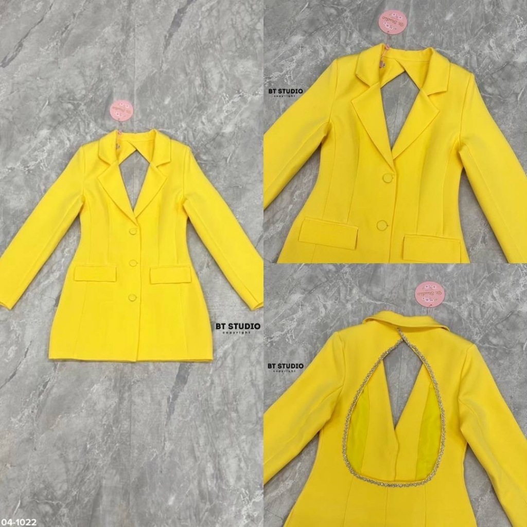 ฺBT 04-1022  มินิเดรสเบเซอร์ แขนยาวคอปก กระดุมหน้า แต่งกระดุมช่วงปลายแขนทั้ง2ข้าง แต่งกระเป๋าคู่หน้า