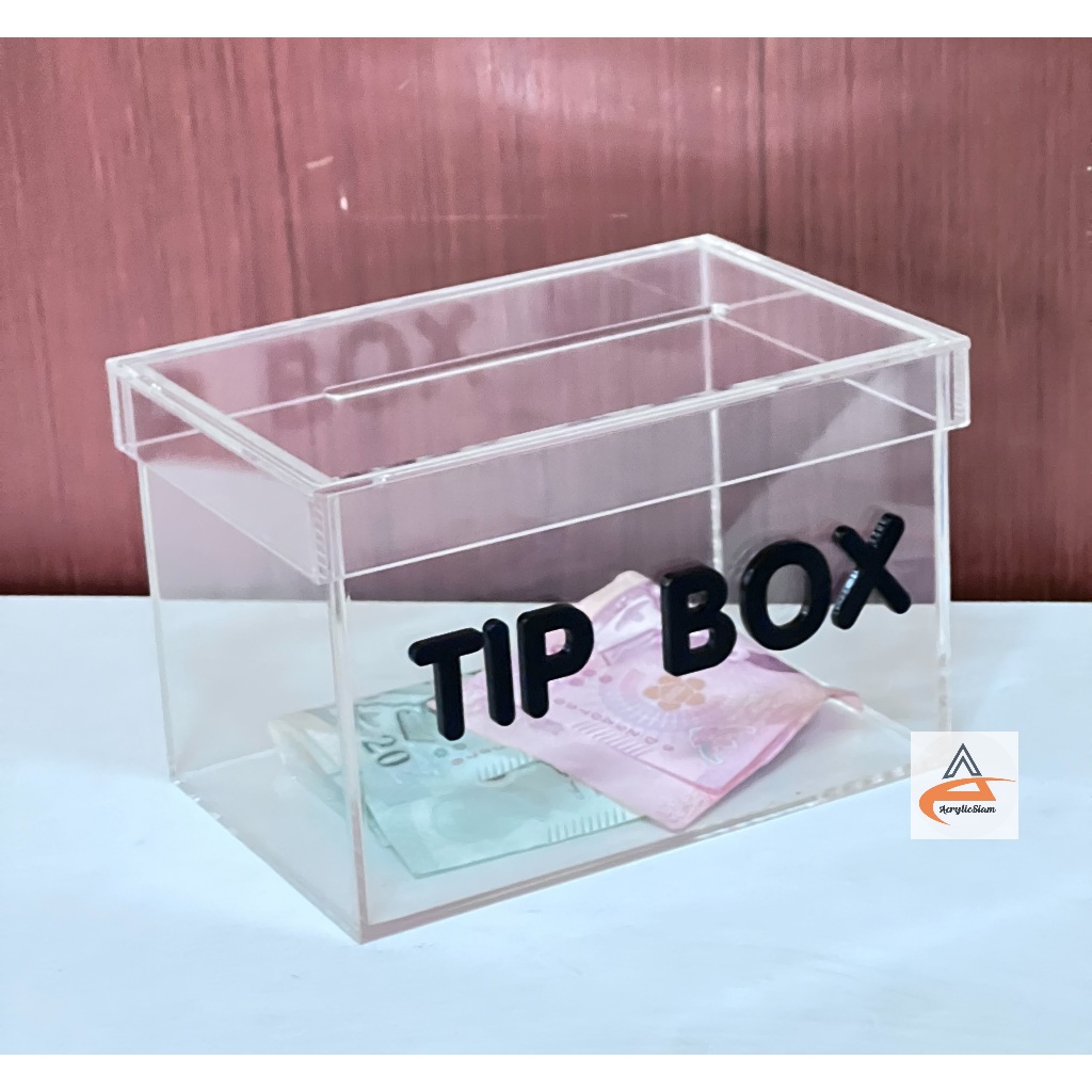 กล่องอะคริลิค Tip Box แบบฝาครอบ ขนาดกล่อง กว้าง 15 x สูง10 x ลึก10 cm พร้อมข้อความไดคัตด้านหน้า - รูปที่ 6