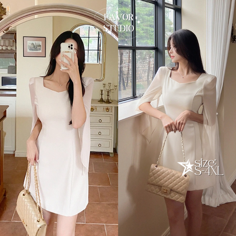 【S-4XL】✨เดรสสั้นสไตล์วินเทจ แขนยาวผ่ากลาง เอวเข้ารูป สวยสง่า เรียบหรู ใส่ออกงาน เดรสพลัสไซส์ สาวอวบ
