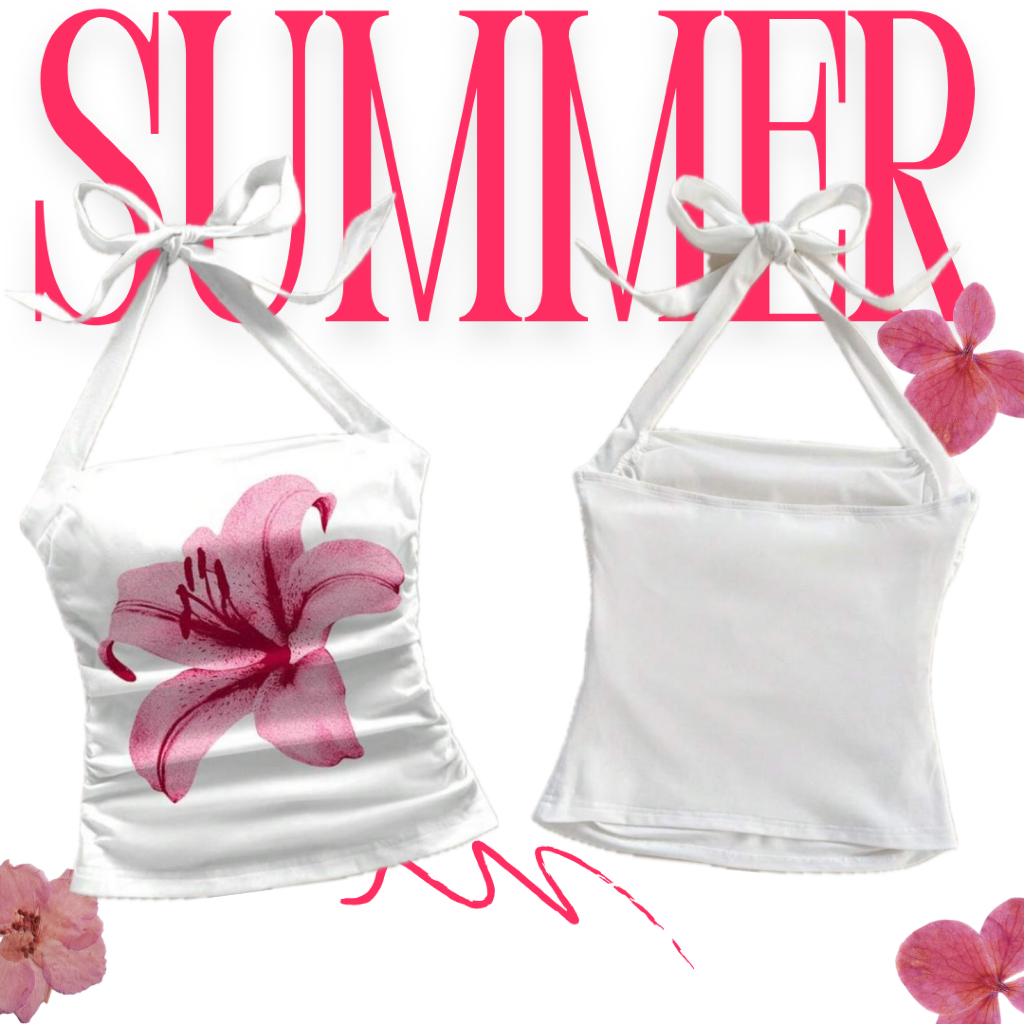 Rhea.th-Halter Top เสื้อคล้องคอ พิมพ์ลายดอกไม้ *พร้อมส่ง*
