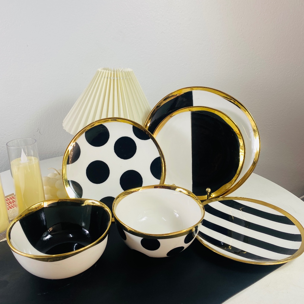 luxury set จาน ชาม สีขาวดำลายจุด ขอบทอง