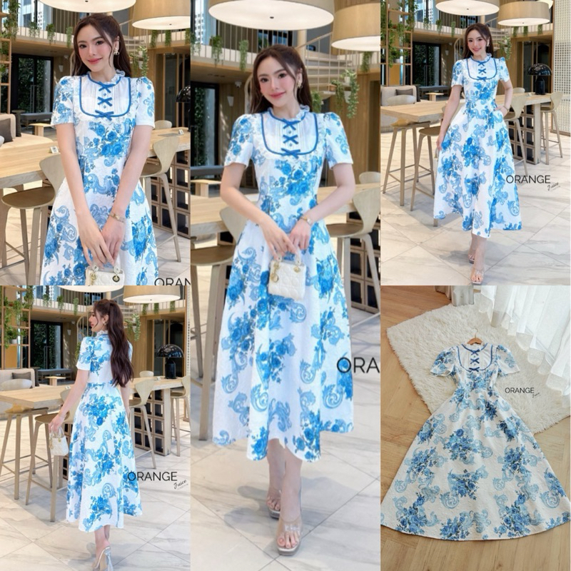 🧡พร้อมส่ง S-2XL🧡ป้าย Orange Juice💕เดรสยาว พิมพ์ลายดอกไม้สีฟ้า สวยหวาน แต่งโบว์ระบายอก