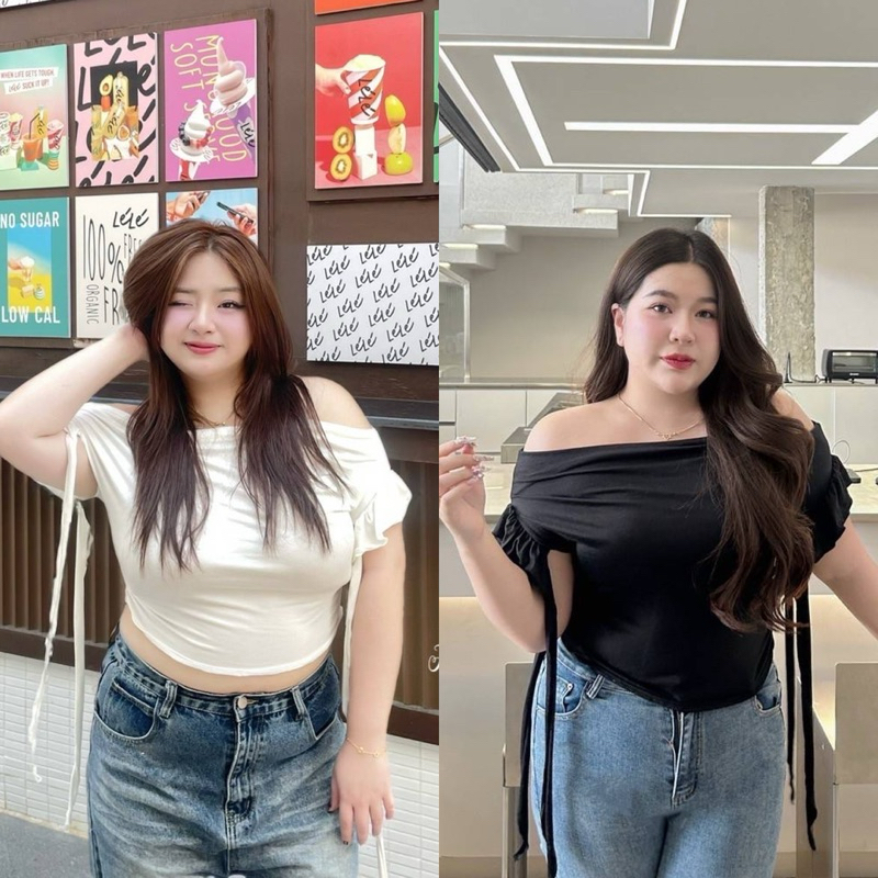 /FB/ เสื้อปาดไหล่สาวอวบ แต่งแขนระบายกรุยกราย แฟชั่นฮิตรับซัมเมอร์ แม่ต้องมีจ่ะ #เสื้อผ้าไซส์ใหญ่ สาว อ้วน พลัสไซส์
