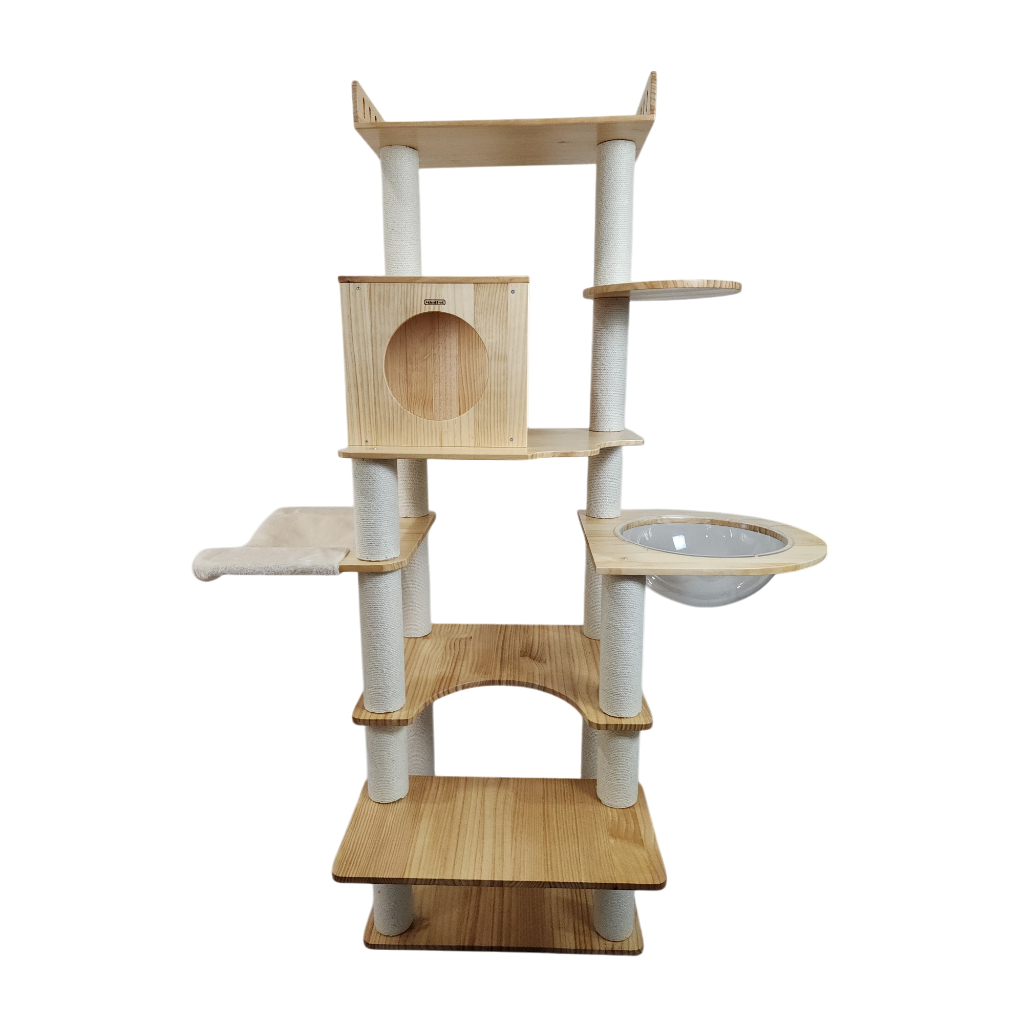 คอนโดแมวไม้สน ของเล่นแมว ที่ลับเล็บแมว มีที่นอนอกวาศใส 35cm MIP148N