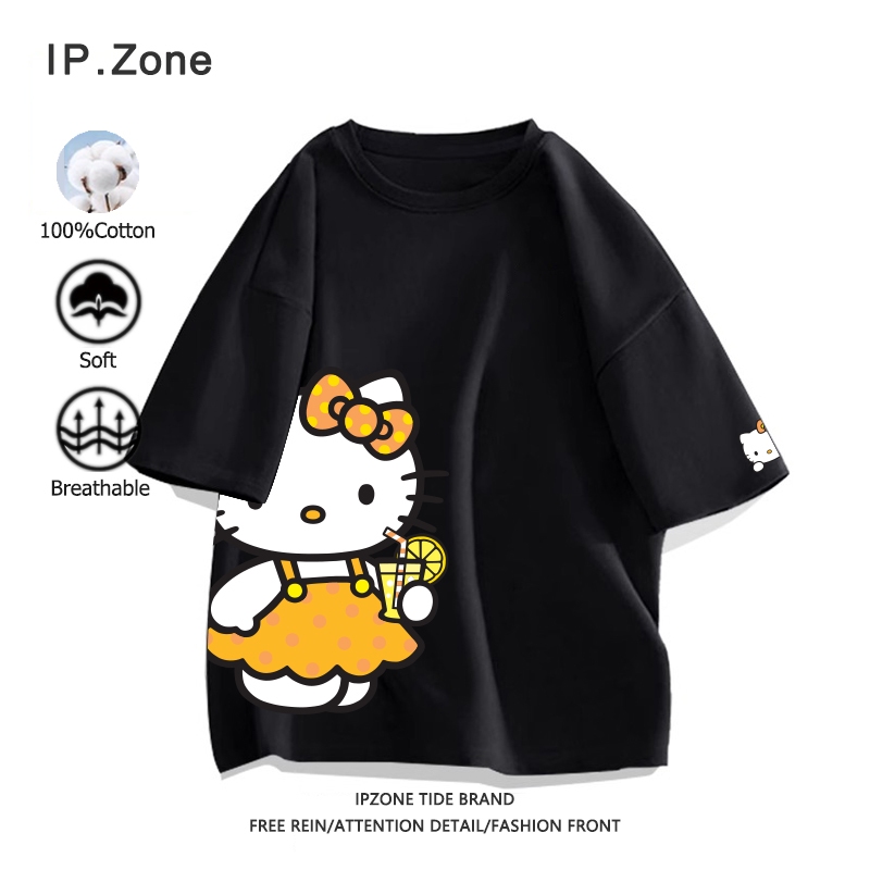 เสื้อ Sanrio Kitty100% cotton เสื้อเชิ้ตแขนสั้น แขนสั้น คอกลม ใส่สบาย ไม่หด ลายพิมพ์การ์ตูนน่ารัก(ส่งเร็ว จัดส่งจากไทย)
