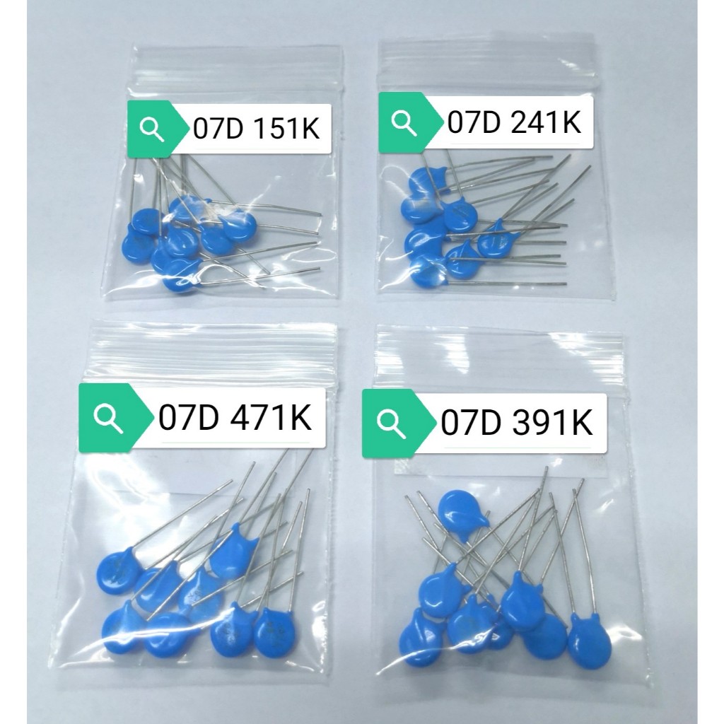 วาริสเตอร์ มีค่า 07D 151K,07D 241K,07D 391K,07D 471K  เส้นผ่าศูนย์กลาง 7 mm. (ราคาขายต่อแพ็คมี 8 ตัว
