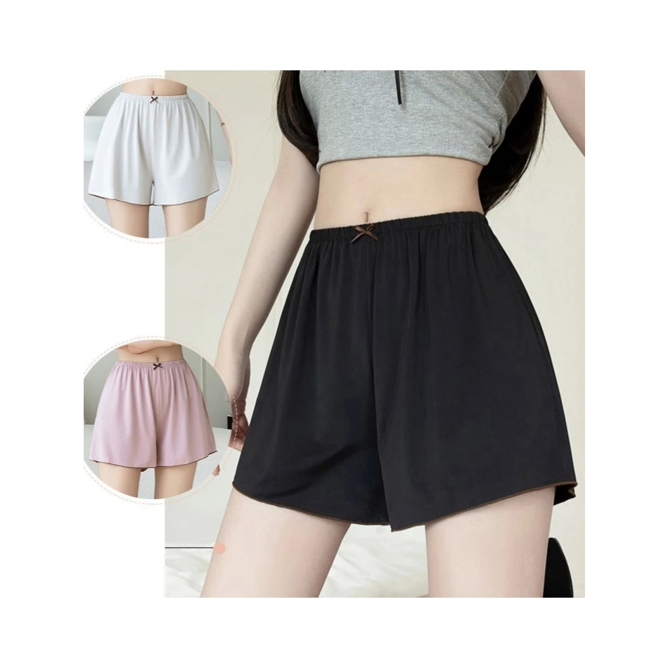 C08 กางเกงขาสั้น M-4XL ขอบสีมีโบว์ ซับใน ใส่นอน ผ้านิ่มสีพื้นใส่สบาย เอวยืดหยุนได้ดี พร้อมส่ง กางเกงไซส์ใหญ่ กางเกงคนอวบ