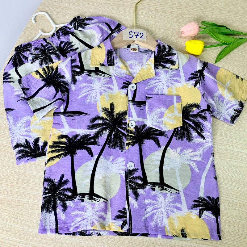 [พร้อมส่งไว🇹🇭]size90-160cm งานผ้าสปันคอลต้อล เสื้อผ้าเด็กฮาวาย 2 ชิ้น เสื้อ + กางเกง ชุดชายหาด ชุดฮาวาย ชุดสงกรานต์