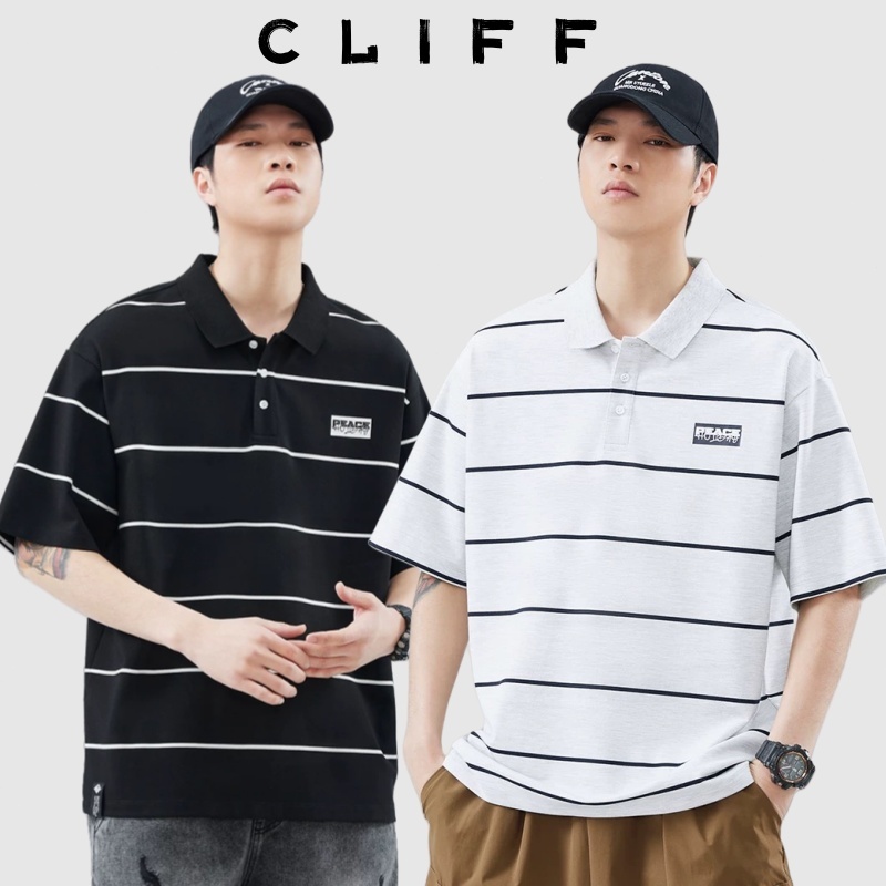 CLIFF เสื้อโปโลผู้ชาย แขนสั้นรุ่นใหม่ สไตล์เกาหลีเรียบง่าย การออกแบบลายทาง แบบหลวมลำลอง M-3XL