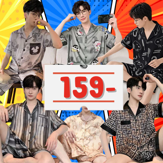 3333-1A Mmeimei ชุดนอนผู้ชาย งานผ้าไหมอิตาลี ลายพิมพ์ดี สีสด ผ้าทิ้งตัว ใส่สบาย ไม่ต้องรีด (สินค้าพร้อมส่ง)