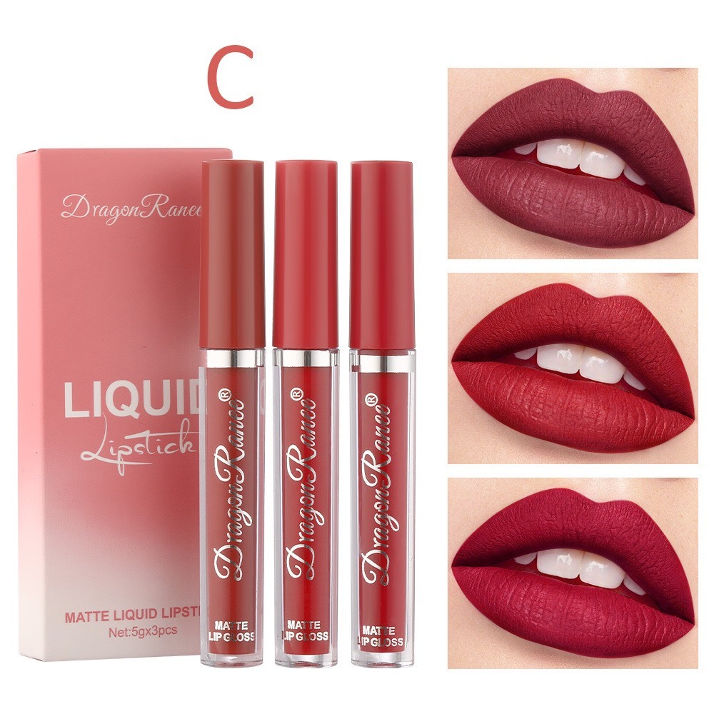 C.283.Dragon Ranee ลิปสติก เนื้อแมตต์1ชุด3ชิ้น กันน้ำ ลิปกลอส ติดทน Non-Fading Matte Matte Lip Gloss