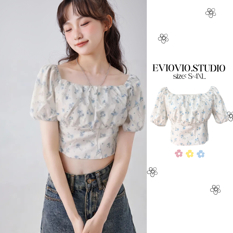【EVIOVIO】✨S-5XL✨ เสื้อครอปแขนพอง ลายดอกไม้ ใส่สบาย สงกรานต์ คอกว้างแต่งระบาย หวาน น่ารัก แมทช์ง่ายทุกลุค
