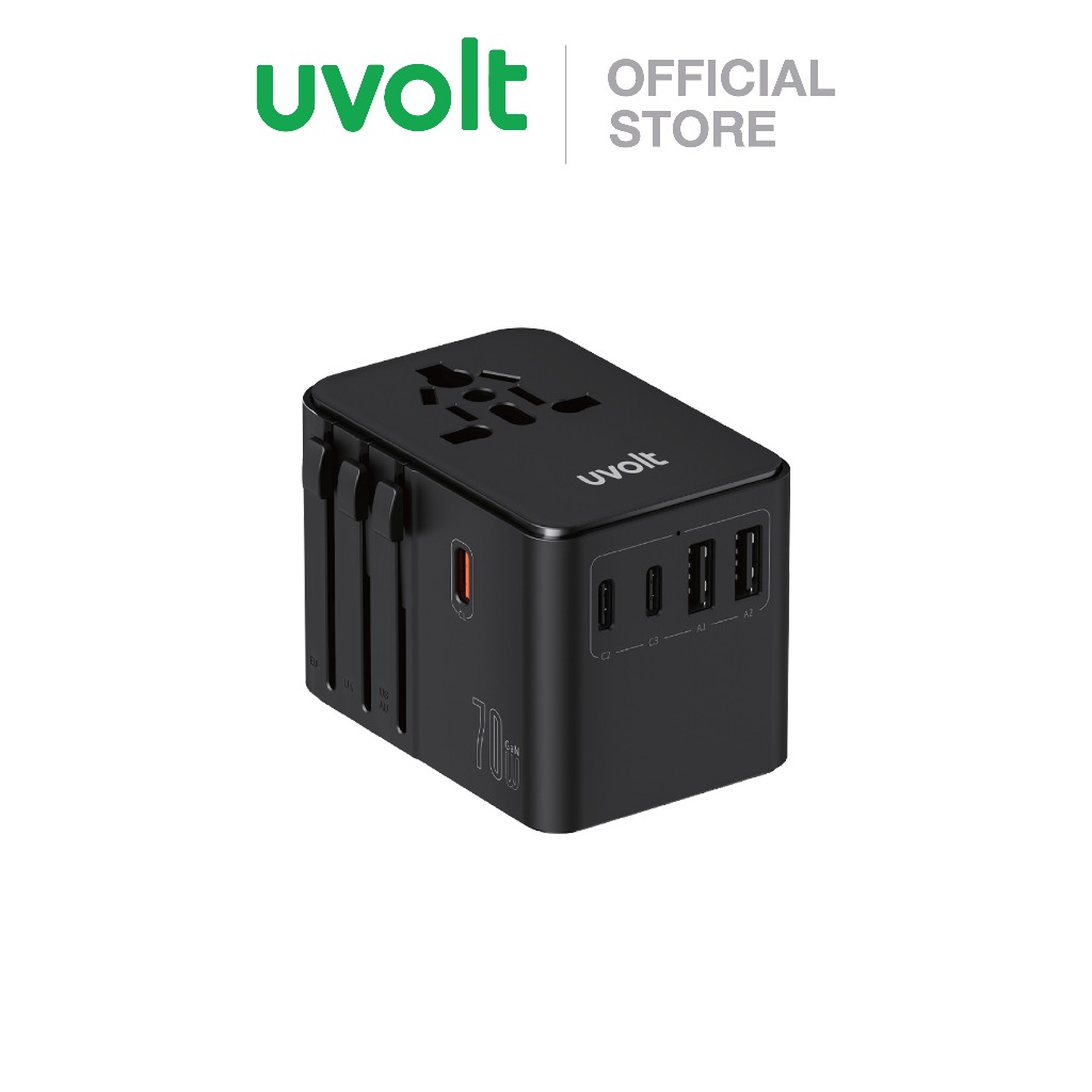 uvolt UVTA-09 Universal Travel Adapter หัวแปลงปลั๊กไฟ ชาร์จเร็ว 70W DUAL USB+TYPE-C รองรับ AU/UK/US/