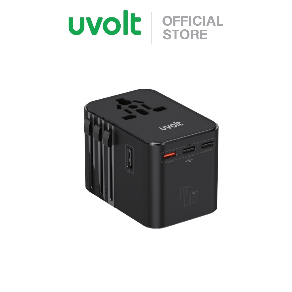 uvolt UVTA-08 Universal Travel Adapter หัวแปลงปลั๊กไฟ ชาร์จเร็ว 45W DUAL USB+TYPE-C รองรับ AU/UK/US/