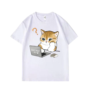เสื้อยืดคอกลมแขนสั้น วินเทจ ลายแมวโน๊ตบุ๊ค ผ้านิ่มใส่สบาย ES-411