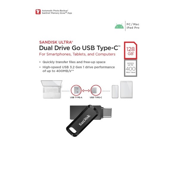 พร้อมส่ง SanDisk Ultra Dual Drive Go USB TypeC 128 GB*/Go* Speeds up to Vitesse Jusqu'A 400 (SDDDC3-