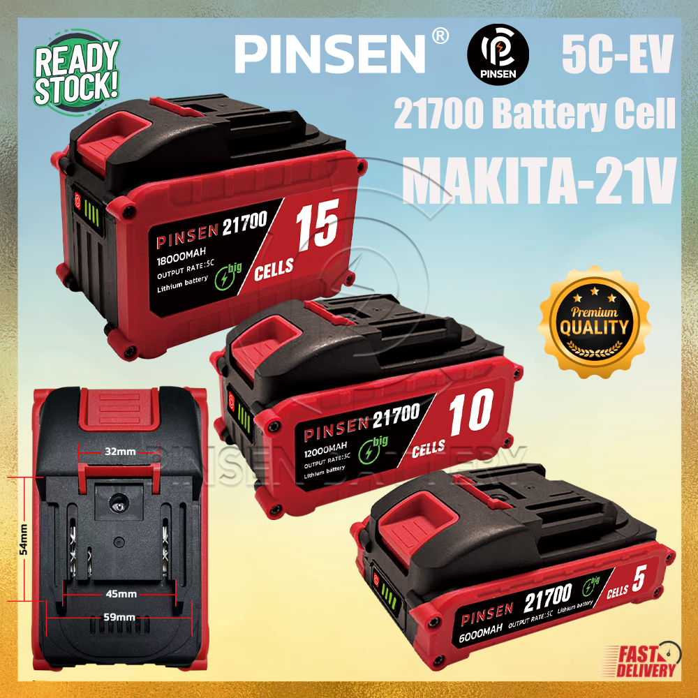 แบตเตอรี่ลิเธียม PINSEN 21V 21700 5/10/15 CELLS แบตเตอรี่เครื่องมือไฟฟ้าไร้สาย แบตเตอรี่สว่าน Makita
