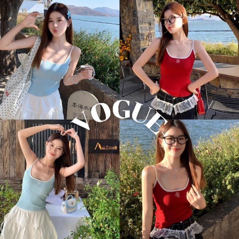 Vogue🌟พร้อมส่ง🌟 เสื้อสายเดี่ยว สีสดใส ผ้าร่องปักตัวอักษร ซัมเมอร์ (Y9911)