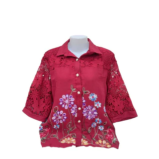 เสื้อลูกไม้ผ้าลินินงานปักรายดอกไม้ผ้านิ่มใส่สบาย#906