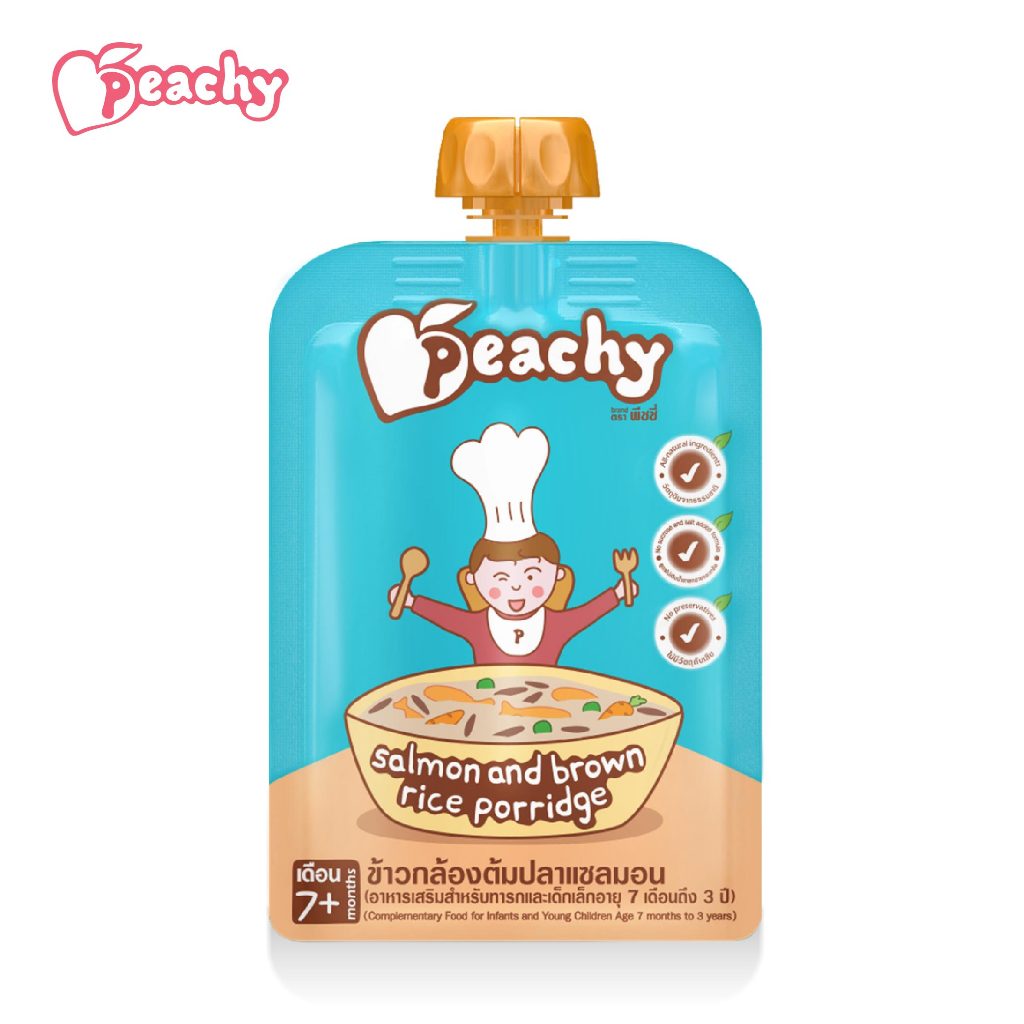 Peachy อาหารเสริมสำหรับเด็ก รสข้าวกล้องต้มปลาแซลมอน 1 ถุง (R10)