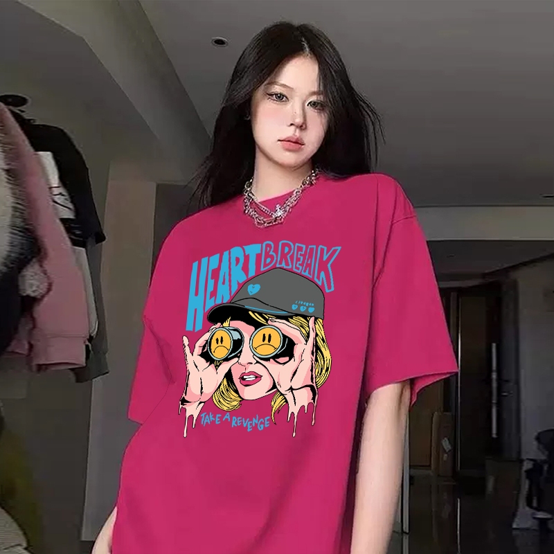 Top.street เสื้อยืด oversize 'HEART BREAK GIRL' แขนสั้น t shirt cotton แฟชั่น สไตล์เกาหลี เสื้อฟอก สีดำ 3XL