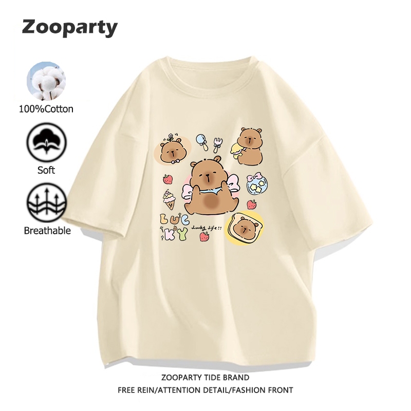 เสื้อยืด แฟชั่น ลายพิมพ์การ์ตูนน่ารัก Capybara 2025 ใหม่ 100% cotton ใส่สบาย นุ่ม ระบายอากาศได้ สไตล์ลำลอง มี 9 สี
