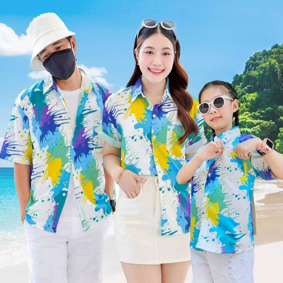 PINK3138 เสื้อฮาวายลายใหม่2026 สาดสี ทรงวัยรุ่น หญิงชายใส่ได้ ผ้าโพลีพรีเมี่ยม ไซส์38-56นิ้ว **1ตัว*