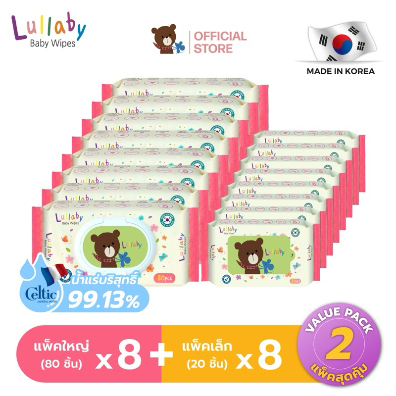 [8ญ+8ล] lullaby baby wipes ทิชชู่เปียกลัลลาบายขนาด 80 แผ่นและ20แผ่น สูตรน้ำแร่จากฝรั่งเศส
