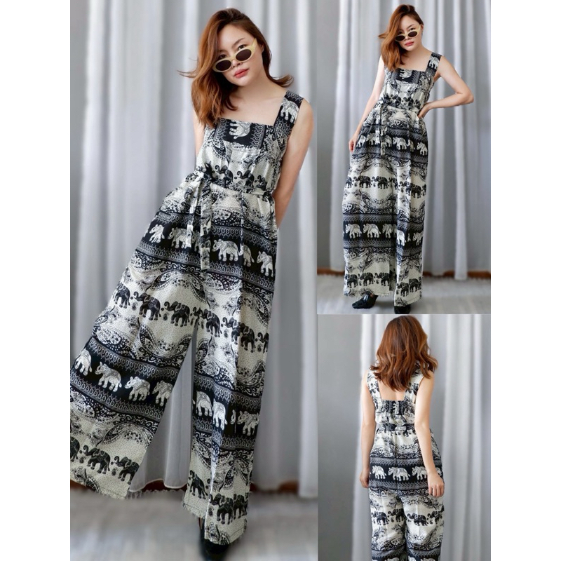 จั้มสูทขายาว จั้มหมีลายช้างไทย ผ้าไหมสปัน ผ้าอินตาลี่