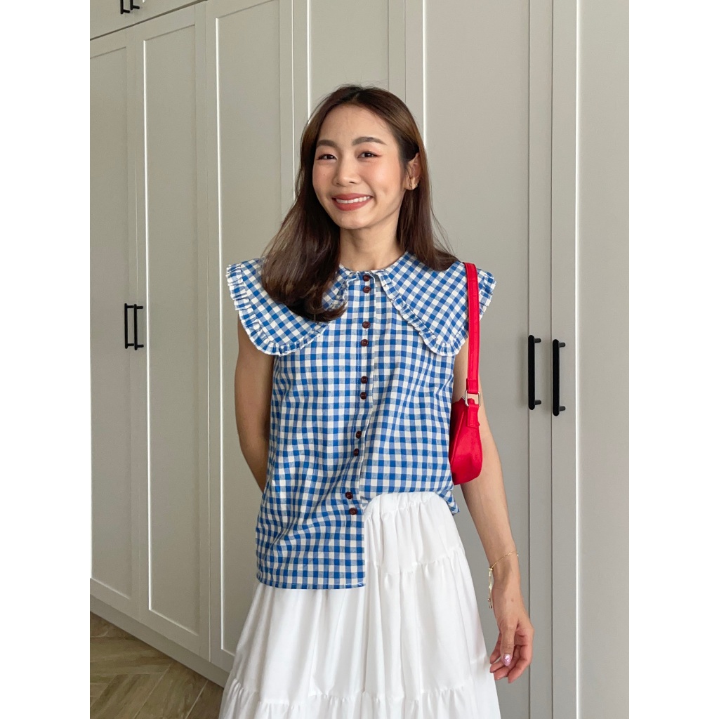 CHAWY 🛋️🥝 gingham cute blouse C4466 เสื้อเบลาส์ เสื้อน่ารักๆ