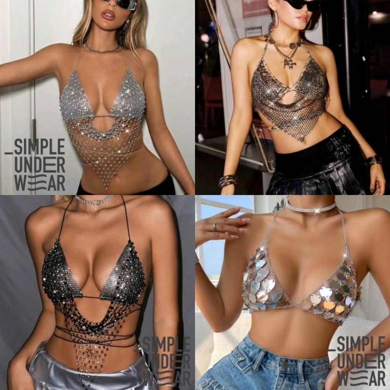 พร้อมส่ง Simple Underwear bikini บิกินี่ เสื้อเว้า เงินเลื่อม ประดับเพชรพลอย สำหรับผู้หญิง เครื่องแต่งกายปักเลื่อม
