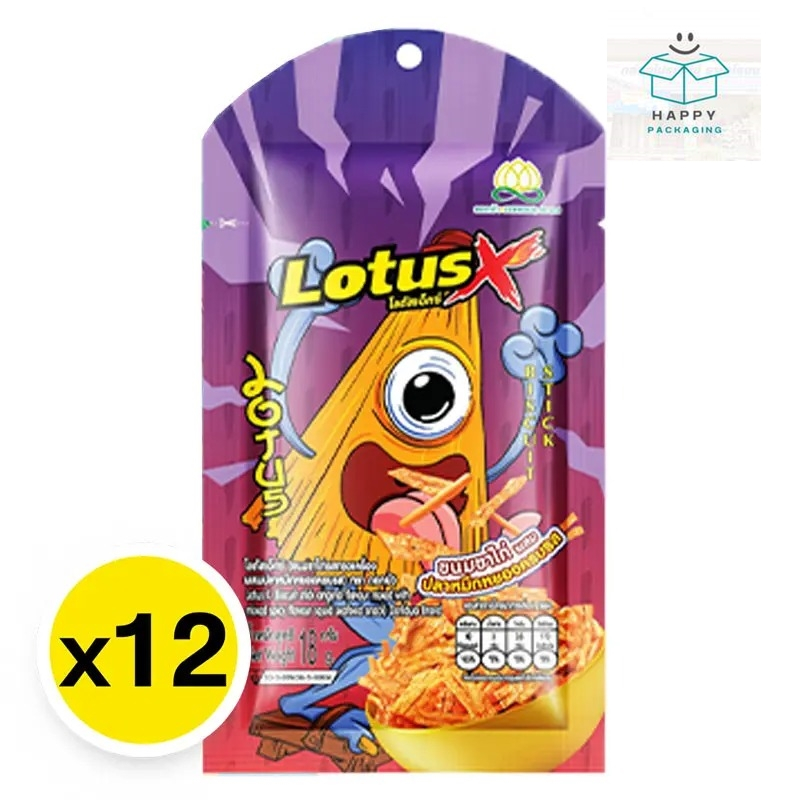 ดอกบัว LotusX โลตัสเอ็กซ์ ขนมขาไก่ ขนมขาไก่รสทรงเครื่องผสมปลาหมึกหยองครบรส 18 ก. x 12