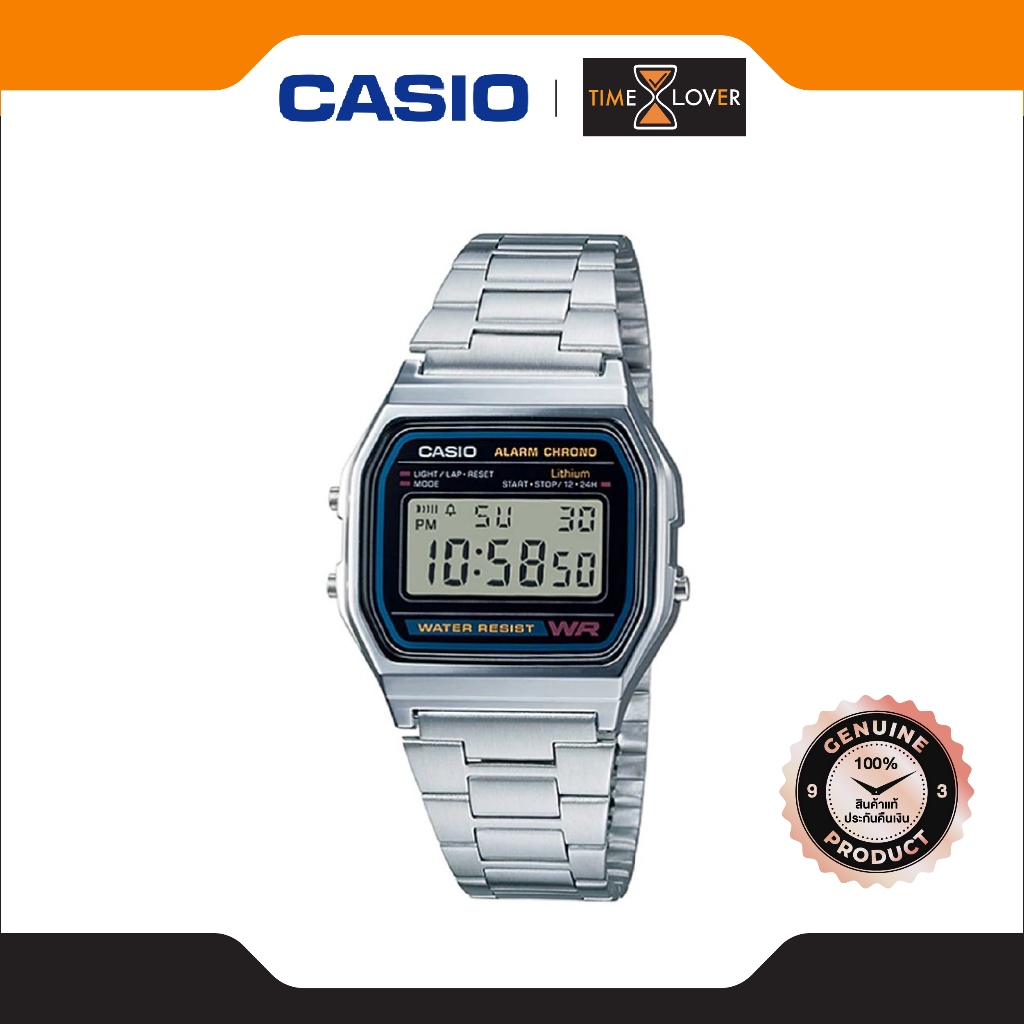Casio รุ่น A158WA-1 ของแท้ 100% ประกันศูนย์ 1 ปี  สายสแตนเลส - สีเงิน ขนาดยูนิเซกส์ 36.8X33.2X8.2MM