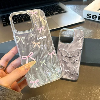 เคสไอโฟน 11 13 เคส Feather Laser Bow Case For iPhone 11 12 13 14 15 Pro X XR XS MAX 7 8 Plus 17 เคสโทรศัพท์ เคสไอโฟนสวยๆ