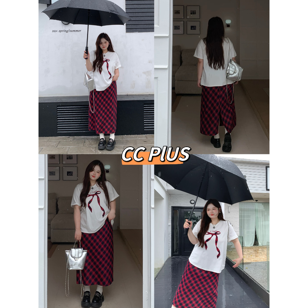 CiCi Plus+(2505) กระโปรงยาวลายสก๊อตสีแดง ซิปข้างเอวสม็อคหลัง เก๋ๆ สไตล์สาวพลัสไซส์