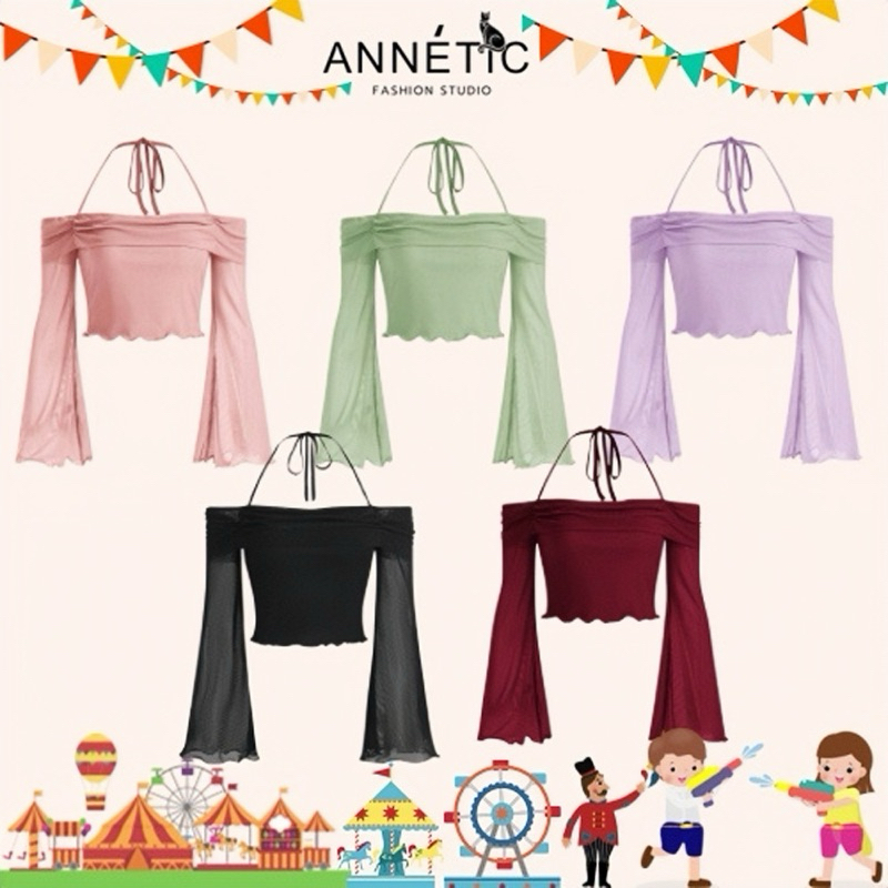 ICON เสื้อเปิดไหล่ คล้องคอ แขนยาว สีพื้น