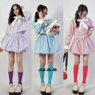 Set เสื้อเชิ้ตครอป เเต่งโบว์ +กระโปรงบอลลูนสั้น