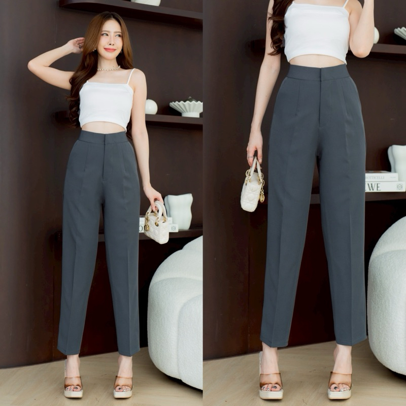 กางเกงทำงานทรงขากระบอกเล็กตะขอหน้าเอวสูง 9 ส่วน ผ้าไมโคร [ AC ] - 1