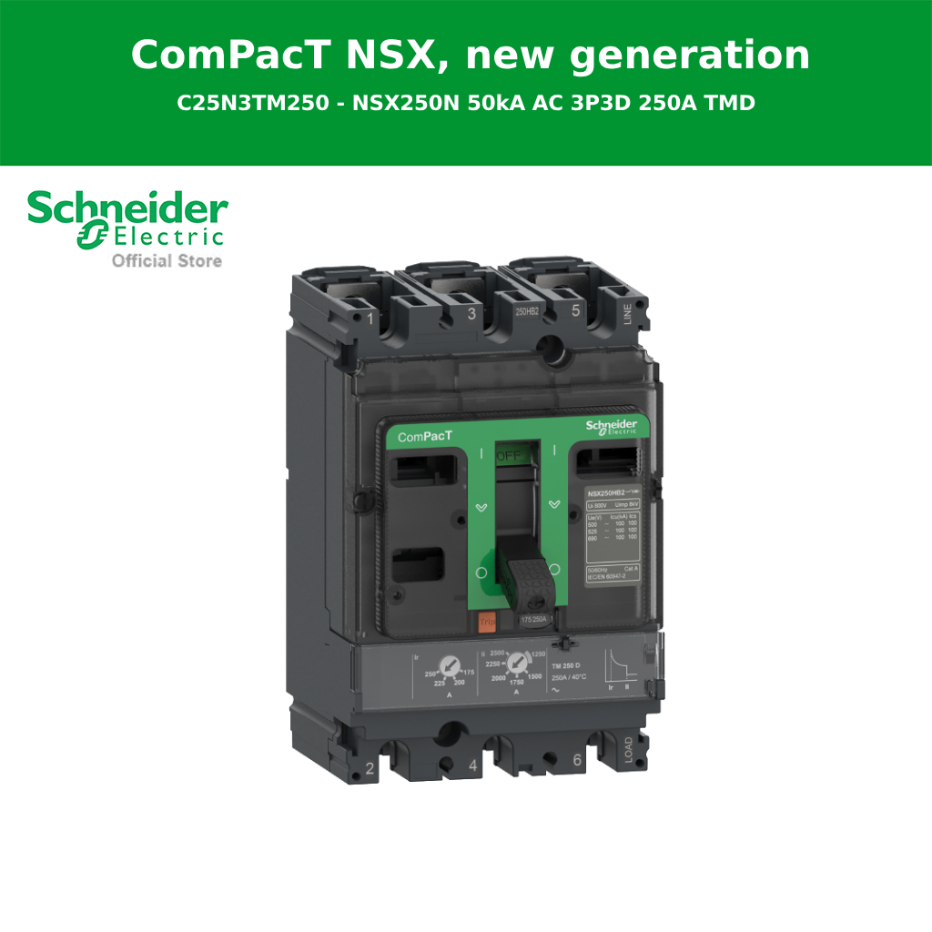 Schneider Electric เซอร์กิตเบรกเกอร์, ComPacT NSX250N, 50kA/415VAC, 3 โพล, TMD ทริปยูนิต 250A (C25N3