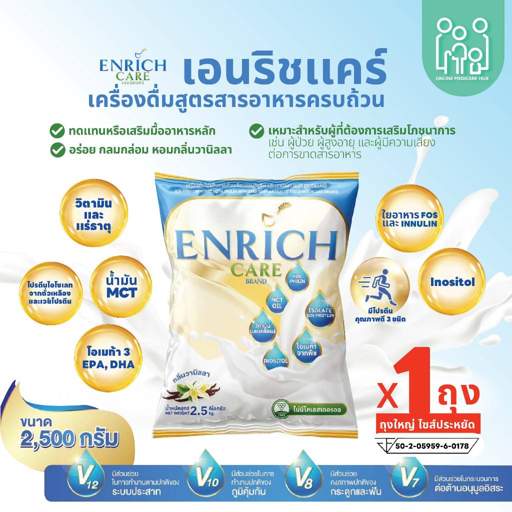 (สินค้าใหม่)Enrich Care เครื่องดื่มโปรตีนจากถั่วเหลือง ผสมอินูลิน กลิ่นวานิลลา ขนาด 2.5 กิโลกรัม