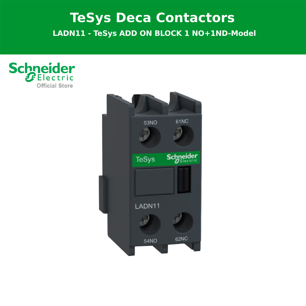 Schneider Electric Auxiliary contact block, รุ่น Tesys Deca, 1NO+1NC, front mounting, screw clamp terminals (LADN11)