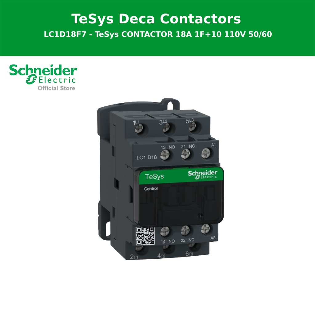 Schneider Electric Contactor, รุ่น Tesys Deca, 3P(3 NO), AC-3/AC-3e, 0 to 440V, 18A, 110VAC 50/60Hz 