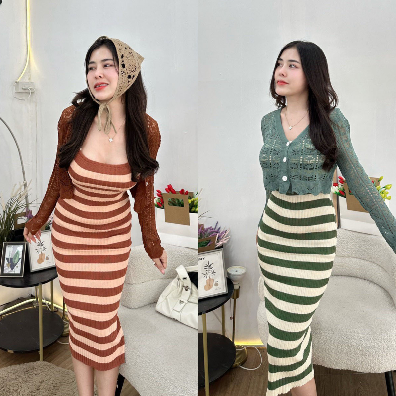🌈SpinnyHouse🌈ชุดเซ็ต 2 ชิ้น เดรสสายเดี่ยวถ่วงยาว คู่กับเสื้อคลุมตาข่ายทอลาย ผ้าไหมพรมยืดเยอะ สาวอวบใส่ได้ รุ่น แพมเพิส
