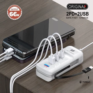 รางปลั๊กไฟ USB มัลติฟังก์ชั่น 66W ชาร์จเร็ว 4 พอร์ต Type-C + USB-C 5.1A PD ปลั๊ก 2 ช่อง ตัวแยกฮับ