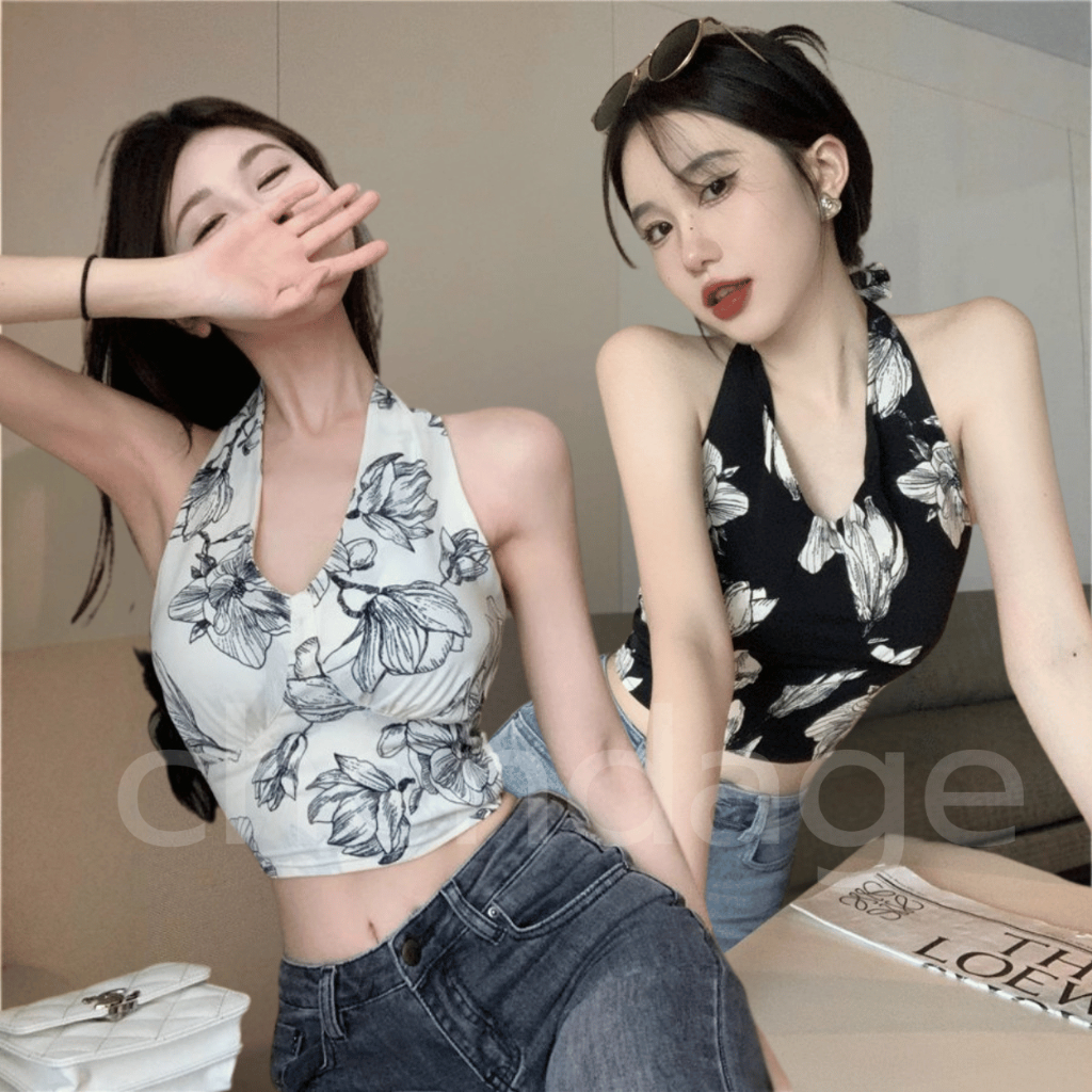 เสื้อคล้องคอลายดอกไม้ B-149 เสื้อคล้องคอแฟชั่น สม็อกหลัง โชว์แผ่นหลังสุดเซ็กซี่ มีฟองน้ำเย็บ