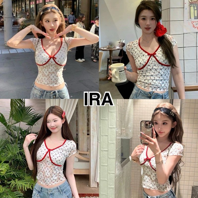 BY IRA (6228) 💥พร้อมส่ง💥 เสื้อครอปแขนสั้นคอวี ติดโบว์ Mini น่ารัก ลวดลายดอกไม้ลูกไม้ เสื้อรัดรูป รัดเอว ตัดขอบ