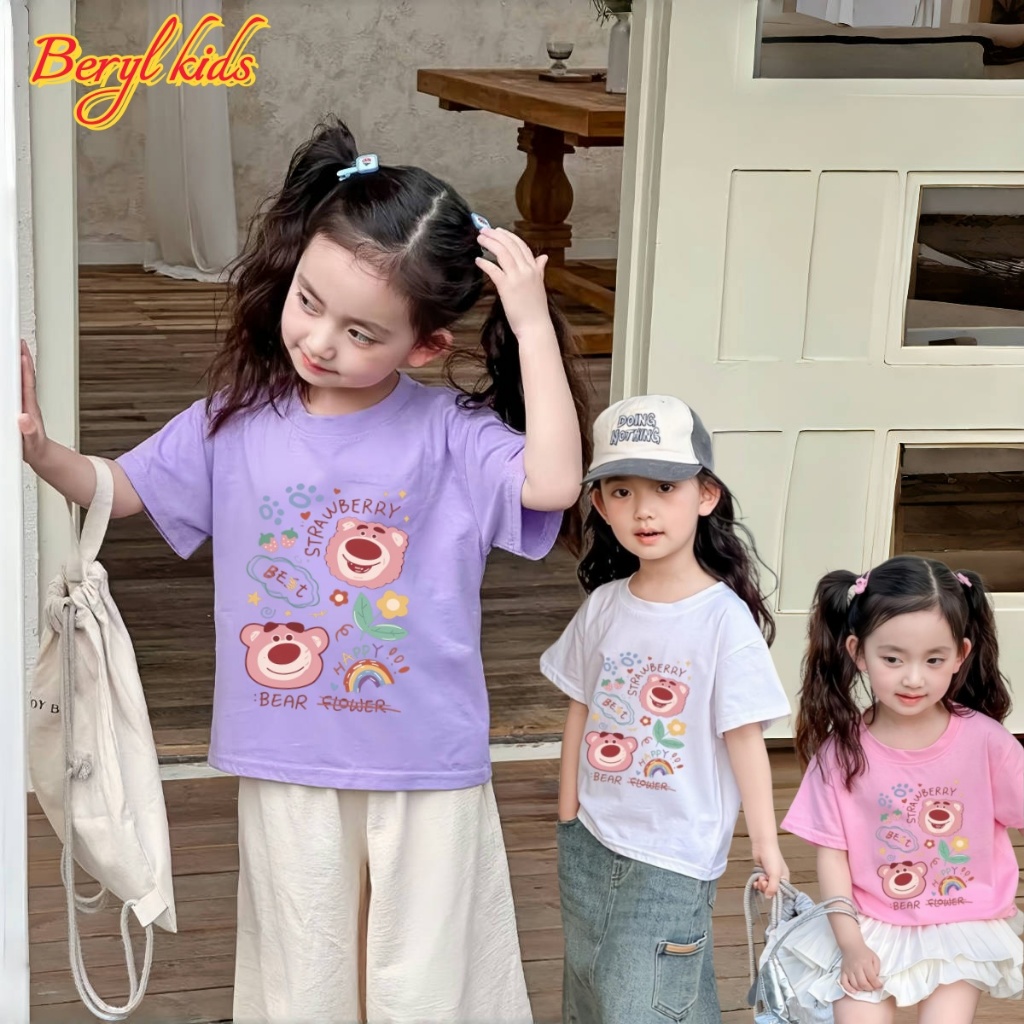 Beryl kids🌸เสื้อยืดแขนสั้นเด็กแบบบาง🎀เสื้อผ้าคอกลม พิมพ์ลายน่ารัก สำหรับเด็กผู้หญิง ลำลองและสไตล์เกาหลี ใส่สบาย